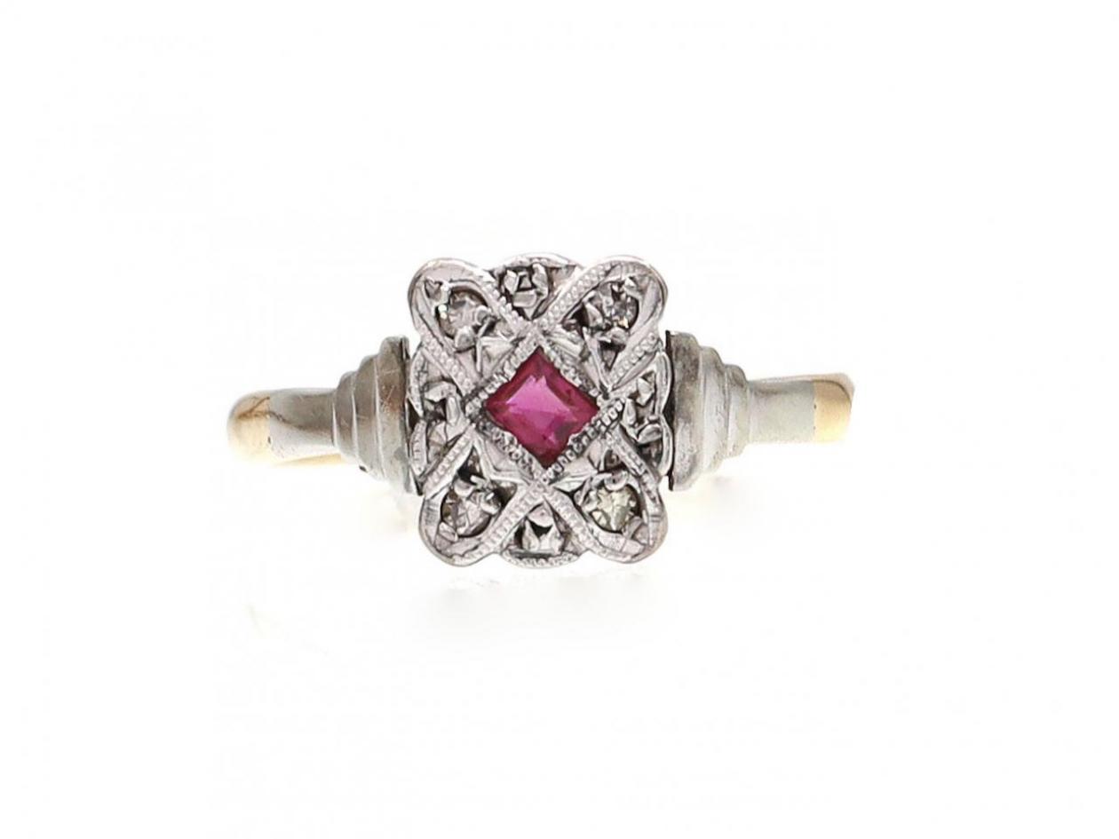 Art Deco ruby and diamond rectangular plaque ring in platinum and gold
