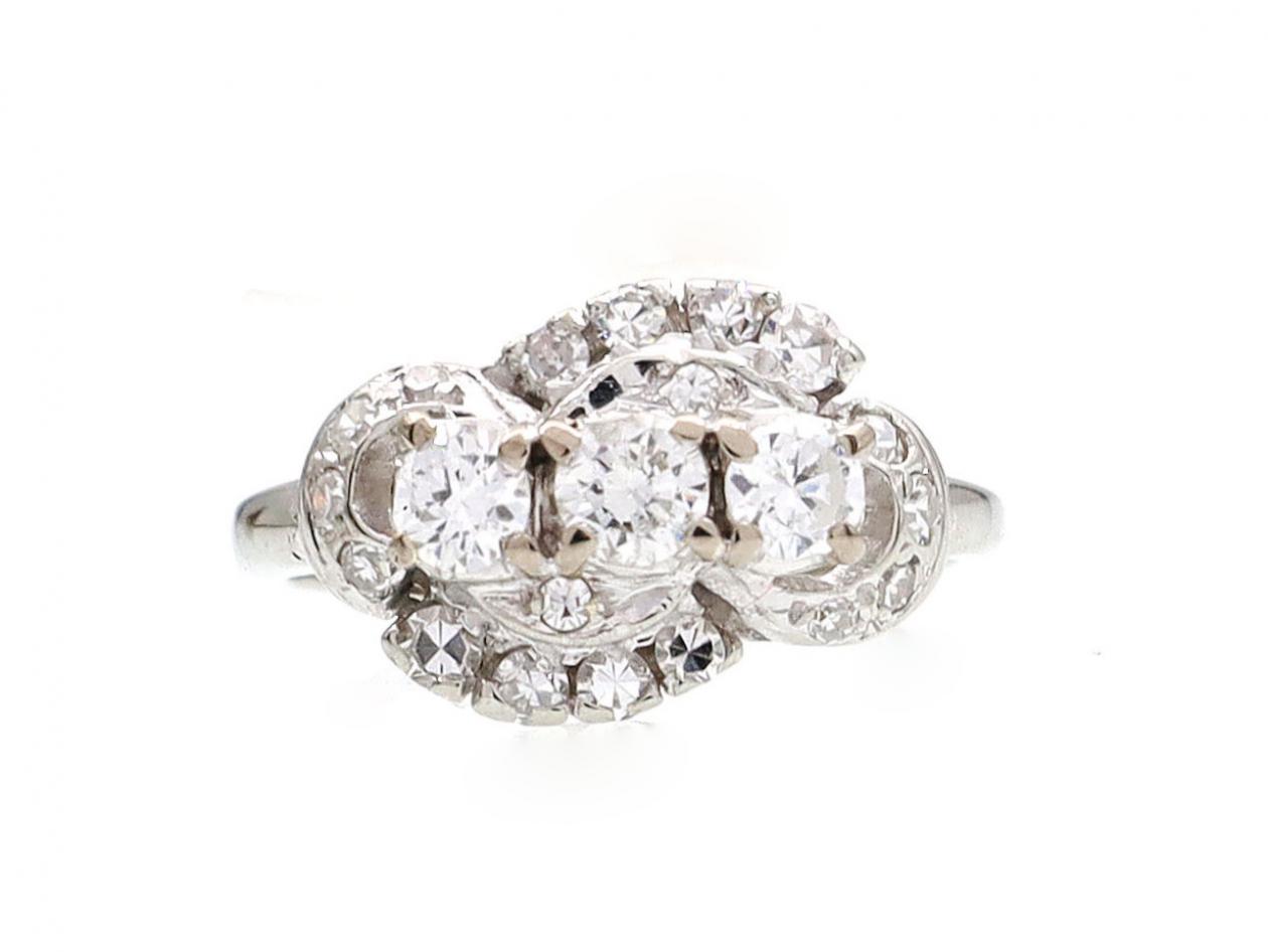 1950s diamond three stone cluster ring in 14kt white gold