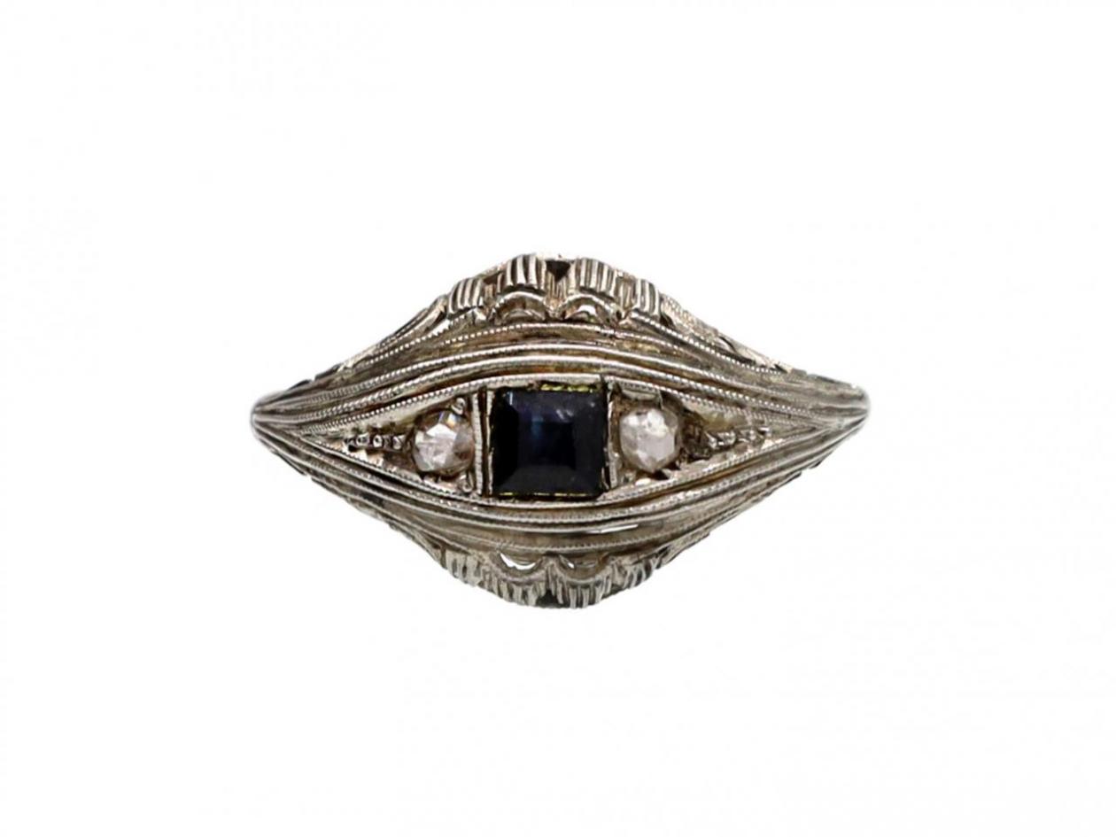 Antique sapphire and diamond three stone bombe ring