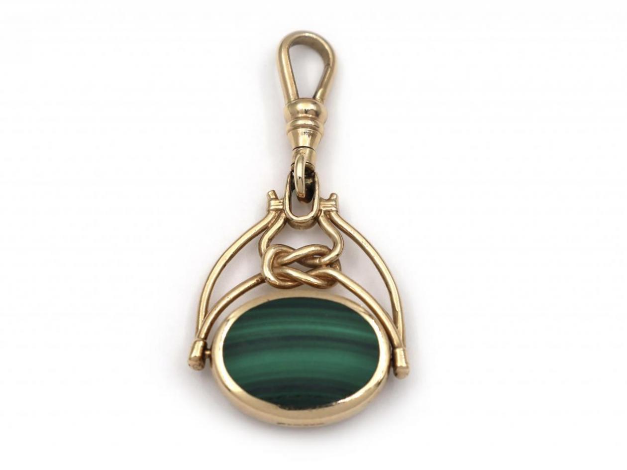 Vintage malachite and agate spinner fob in yellow gold