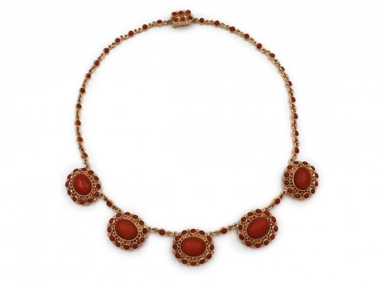 Neoclassical Style Floral Coral Cluster Necklace in 14kt Yellow Gold