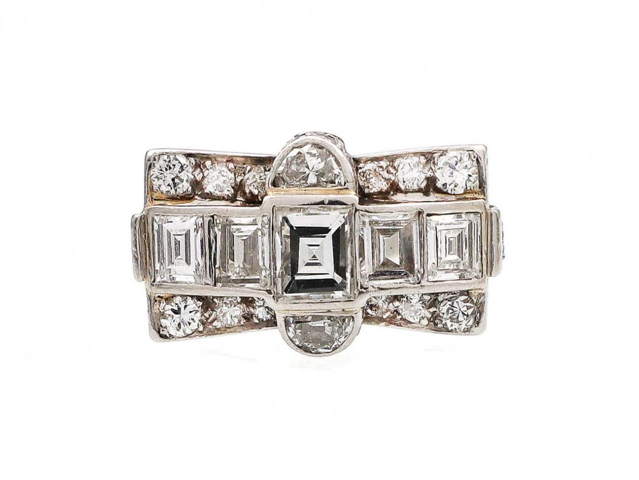 Late 1930s platinum and diamond tank cocktail ring