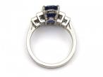 Ceylon sapphire and baguette cut diamond step ring