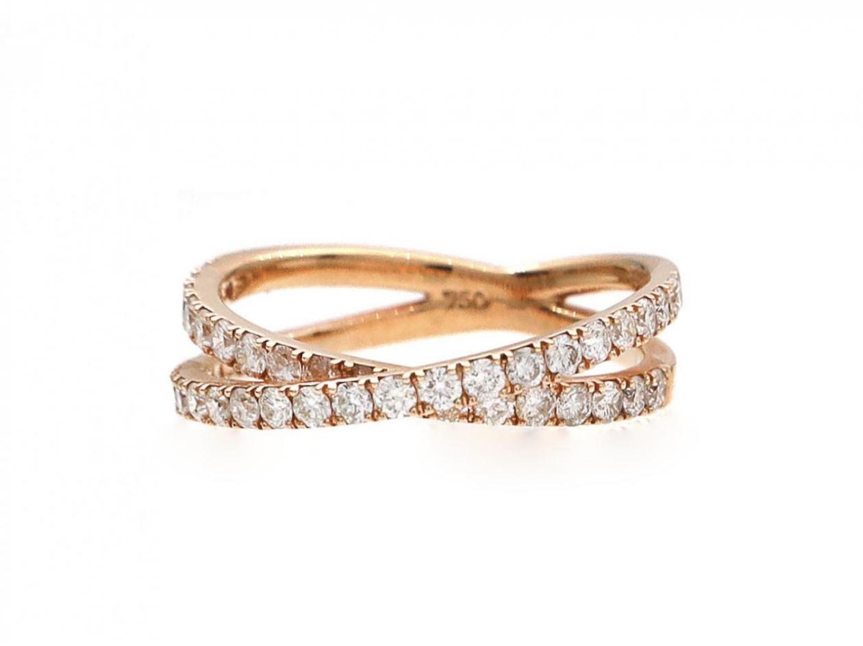 Contemporary 18kt rose gold double band diamond cross ring