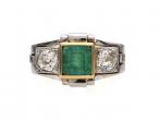 1940s emerald and diamond three stone platinum and yellow gold ring