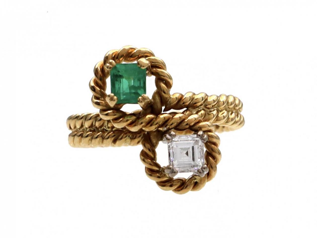 Retro emerald and diamond two stone rope twist ring
