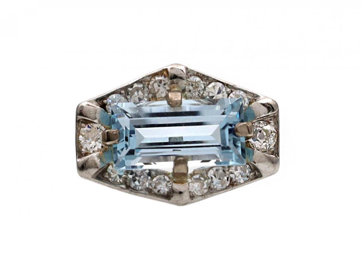 Art Deco 3.00ct Aquamarine & Diamond Geometric Cluster Ring
