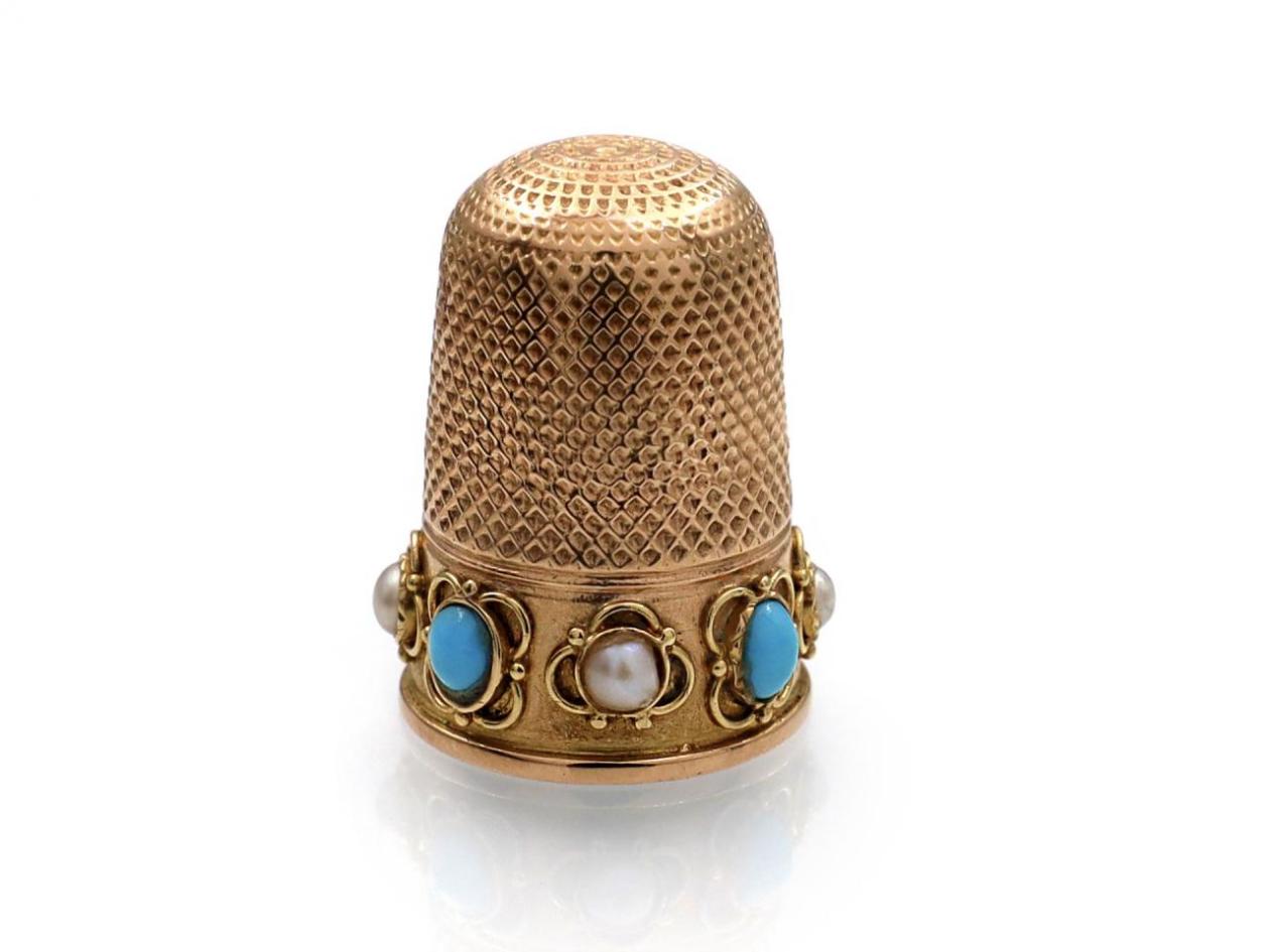 Antique pearl and turquoise yellow gold thimble