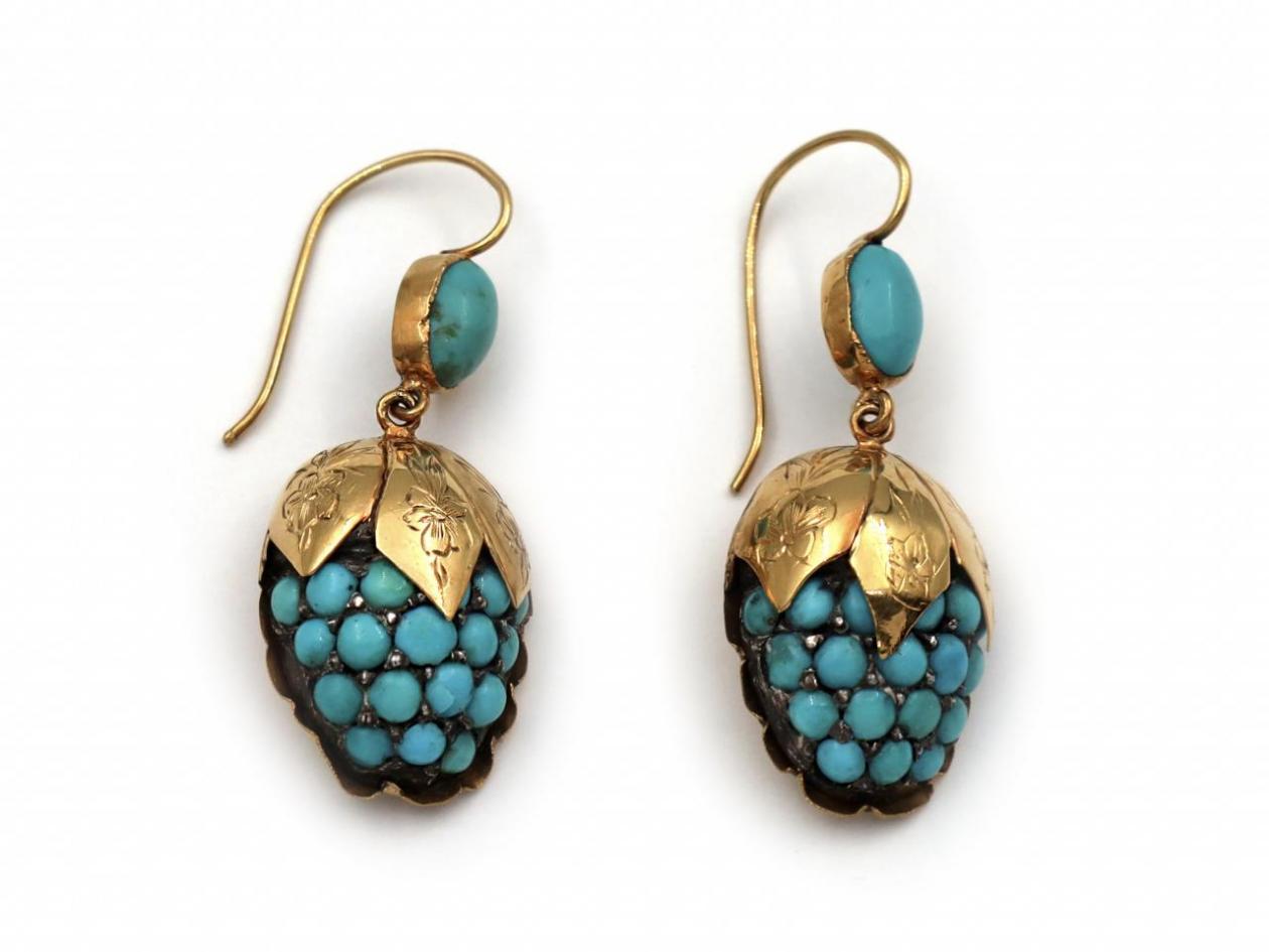 Antique Etruscan revival turquoise grape drop earrings in yellow gold