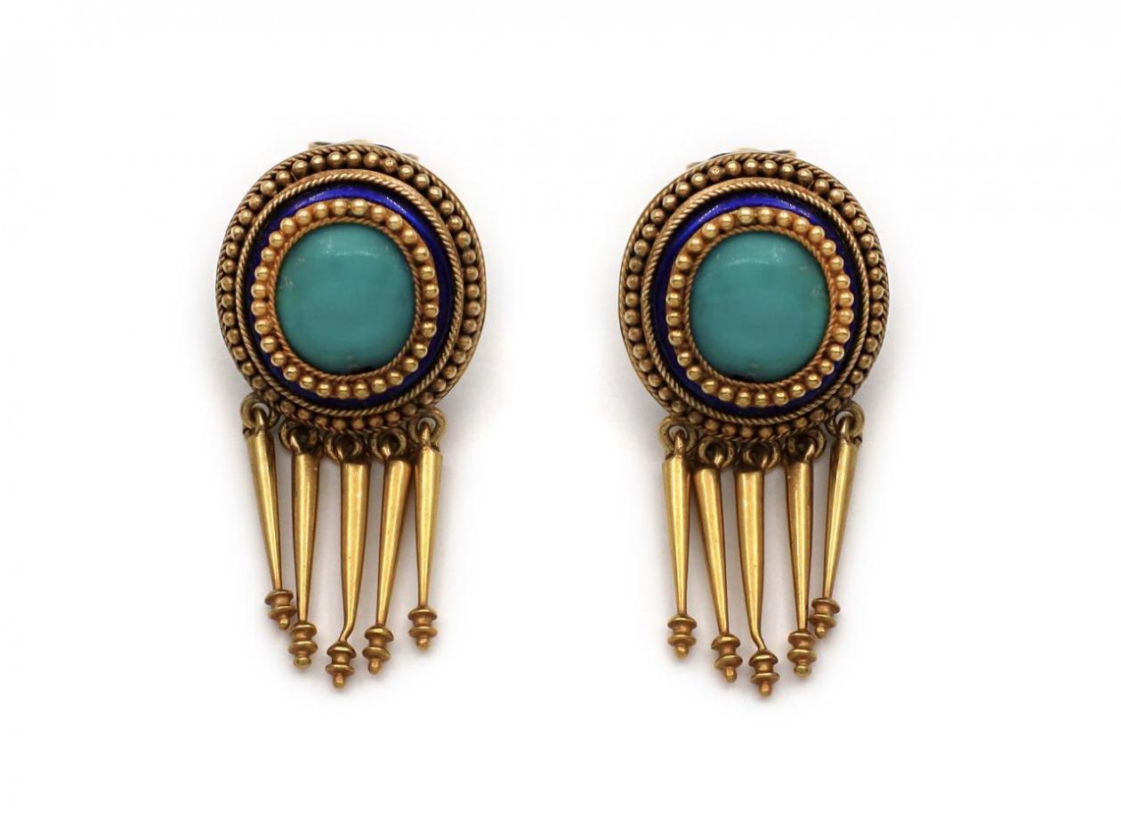 Etruscan Revival Victorian Turquoise & Enamel Tassel Earrings