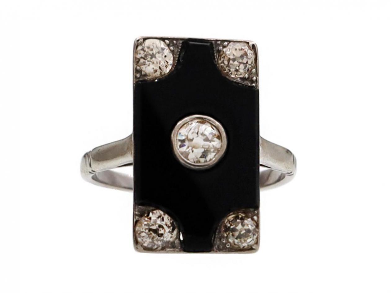 Art Deco diamond and onyx plaque ring in platinum