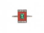 Art Deco Emerald, Coral & Diamond Rectangular Plaque Ring