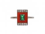 Art Deco emerald, coral and diamond rectangular plaque ring