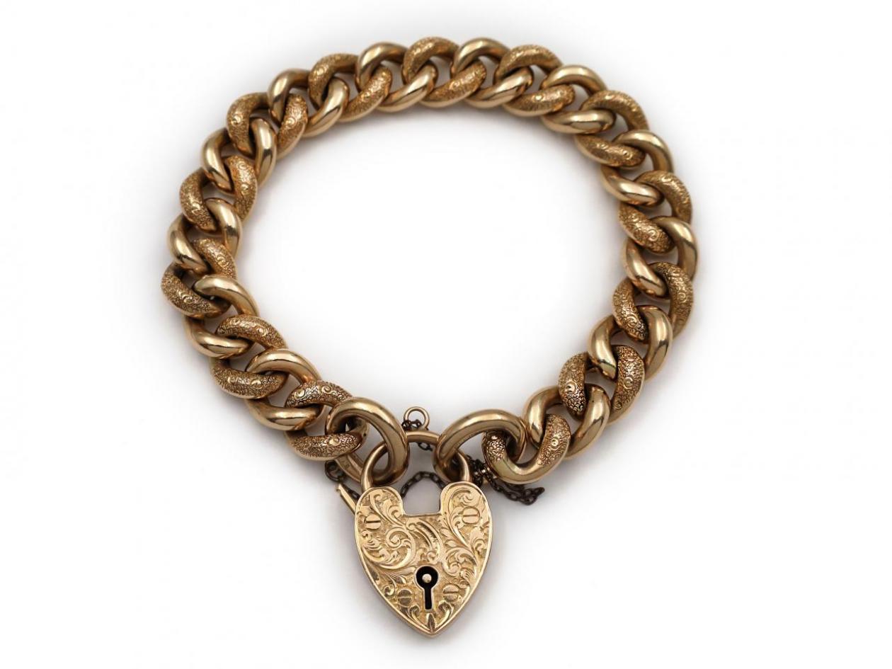 Antique Curb Polished & Engraved Link Bracelet with Engraved Heart Lock