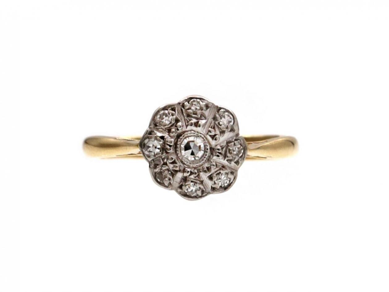 Edwardian diamond daisy cluster ring in platinum and 18kt gold