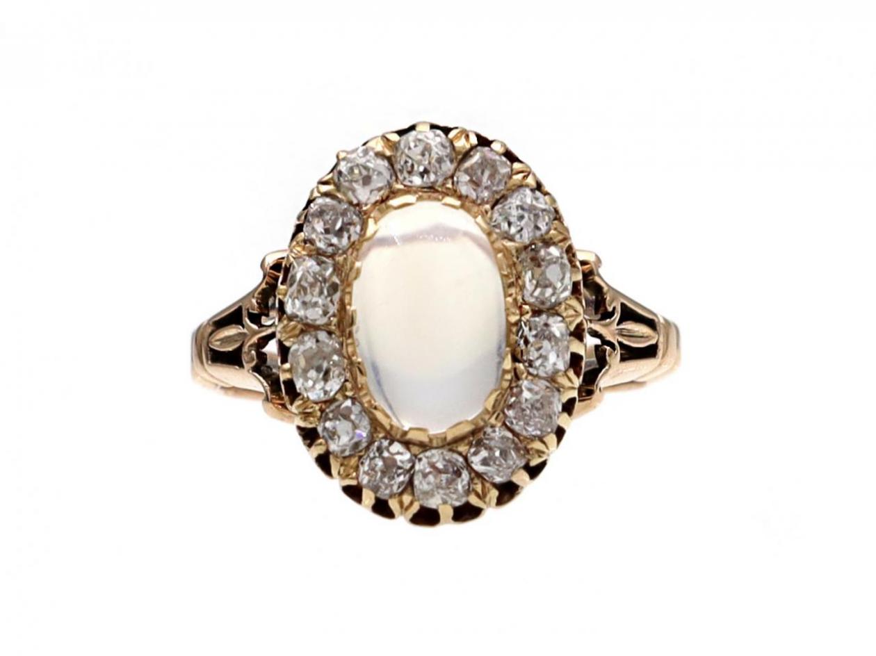 Victorian oval moonstone and diamond cluster ring in 18kt gold