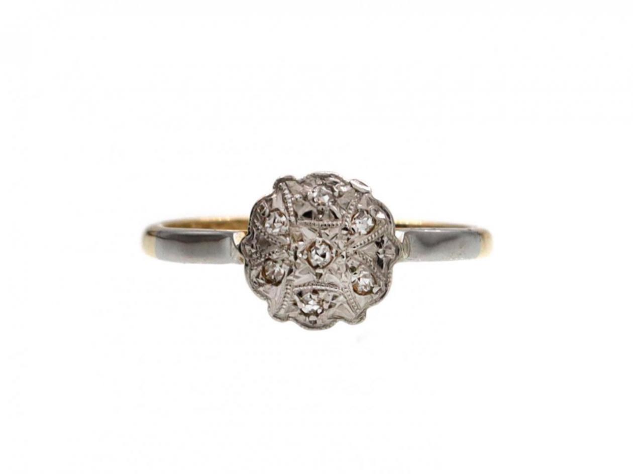 Edwardian diamond cluster ring in platinum and yellow gold