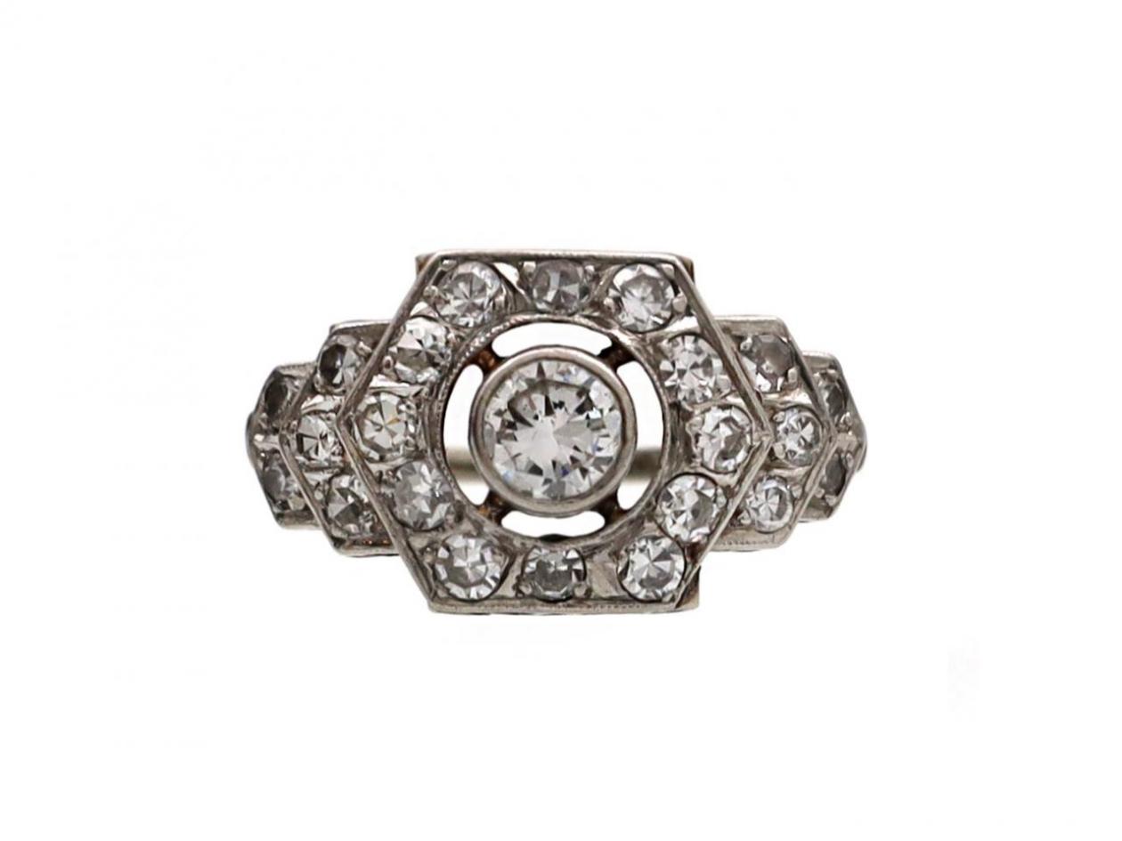 Art Deco style diamond hexagonal cluster ring in platinum