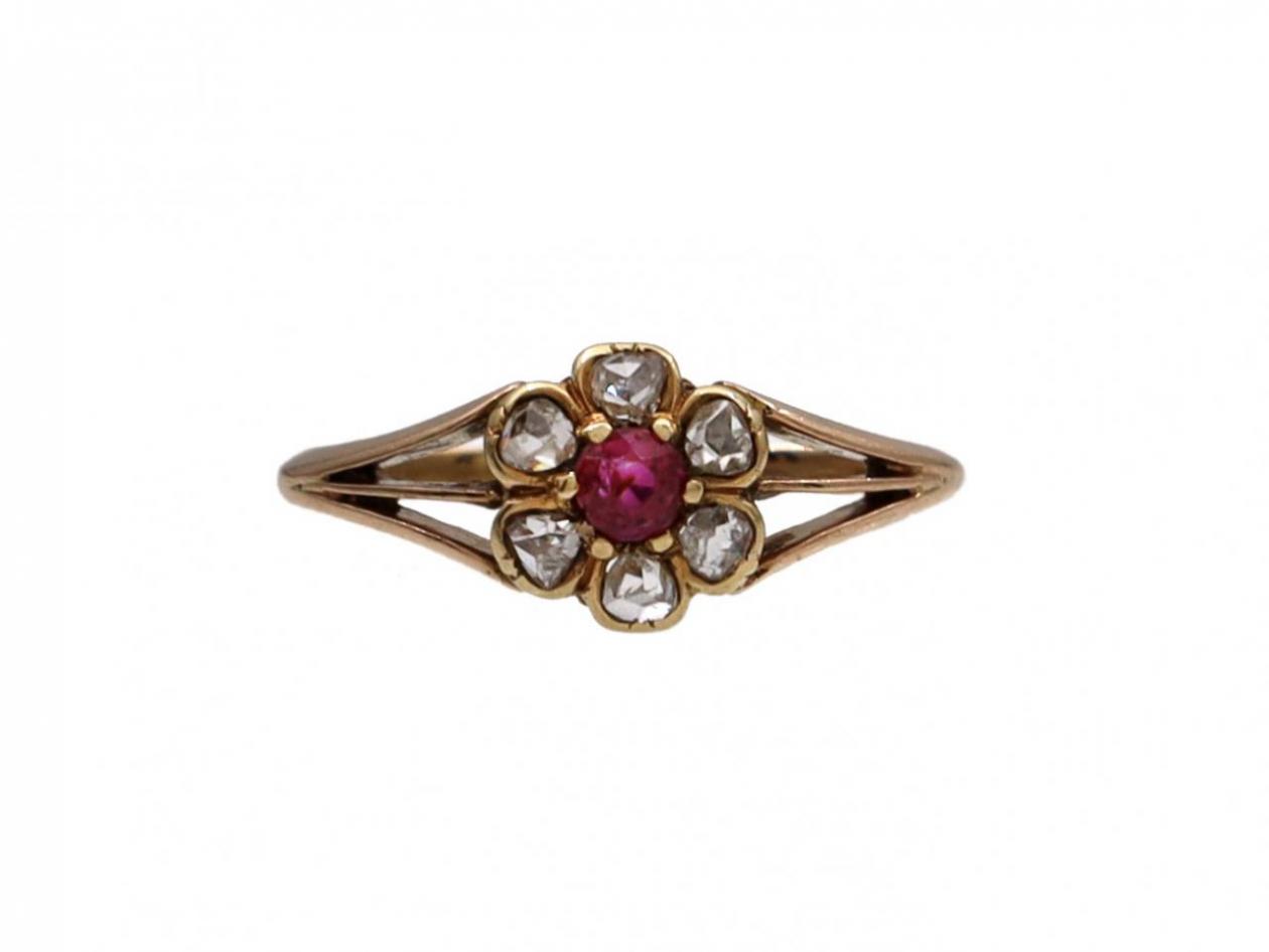 Victorian ruby and diamond floral cluster ring in yellow gold
