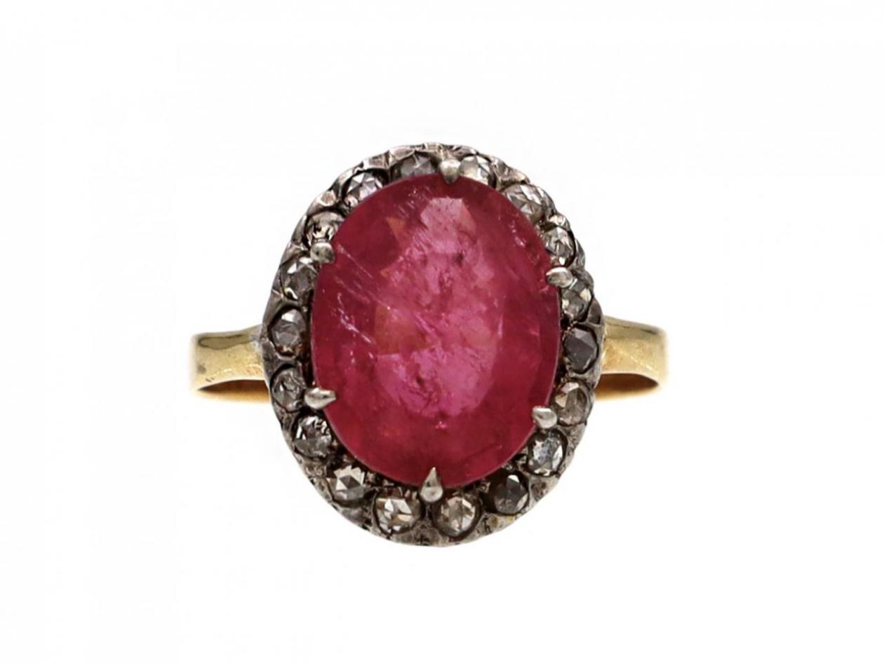 Antique tourmaline and diamond oval cluster ring in 18kt yellow gold