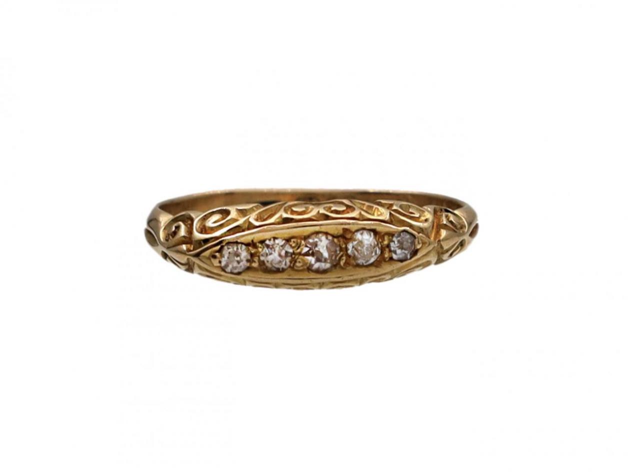 1908 five stone diamond carved ring in 18kt yellow gold