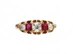 Victorian diamond and ruby five stone carved ring in gold