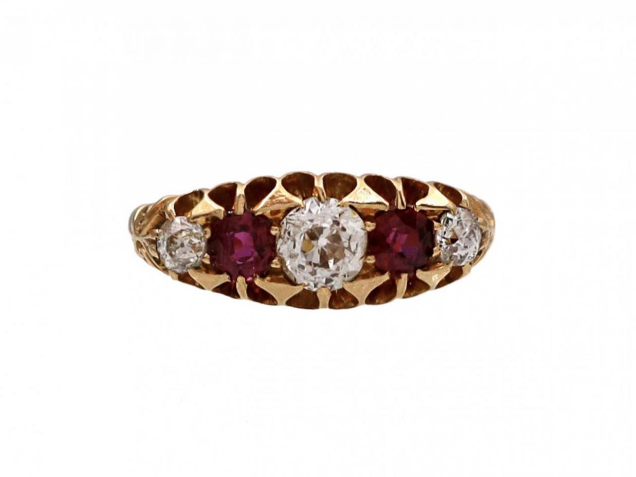 Victorian diamond and ruby five stone ring in 18kt gold