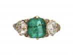 Victorian Colombian emerald and diamond three stone carved ring
