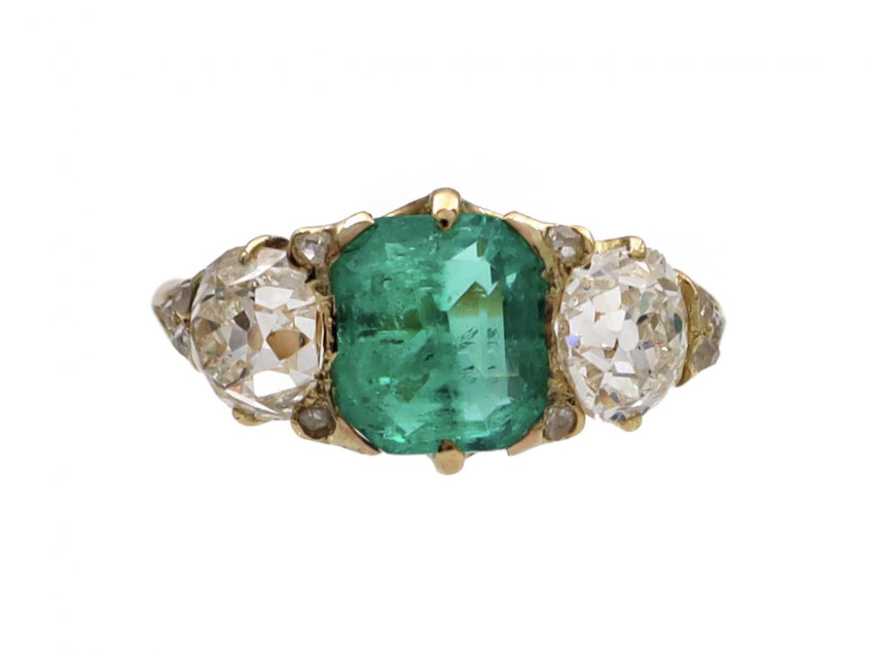 Victorian Colombian emerald and diamond three stone carved ring