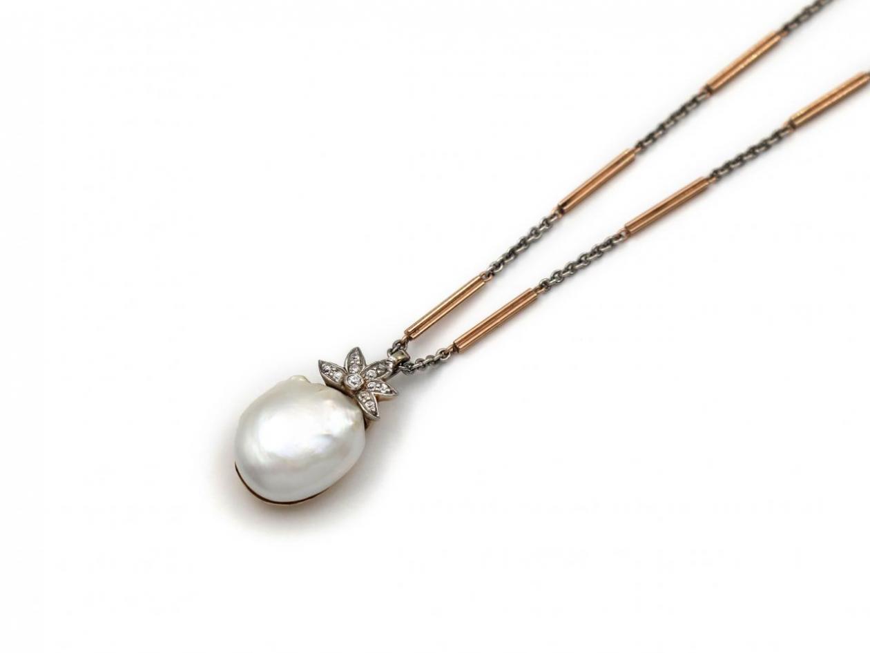 Antique Baroque Pearl & Diamond Pendant & Two Tone Gold Chain