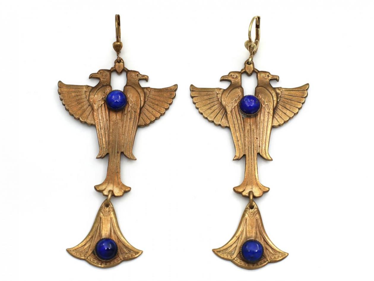 1920s Egyptian Revival Lapis Lazuli & Plated Steel Falcon Earrings