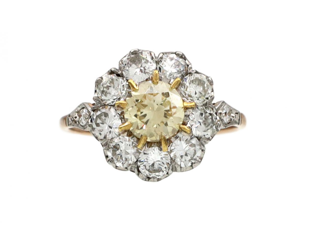 Antique fancy yellow diamond coronet cluster ring in gold