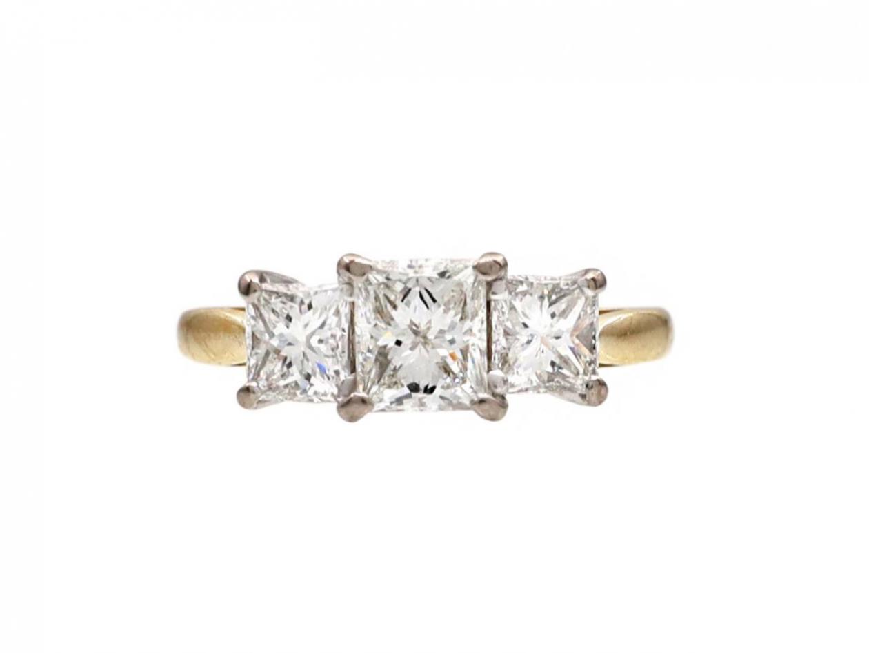 Three stone square princess cut diamond ring in gold