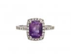 Modern amethyst and diamond halo ring in 18kt white gold