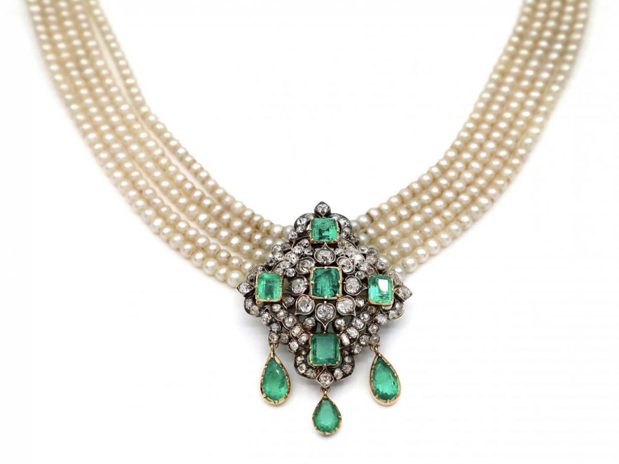 Victorian emerald and diamond convertible brooch and pearl necklace