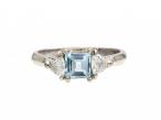 Aquamarine and trillion diamond three stone ring in white gold