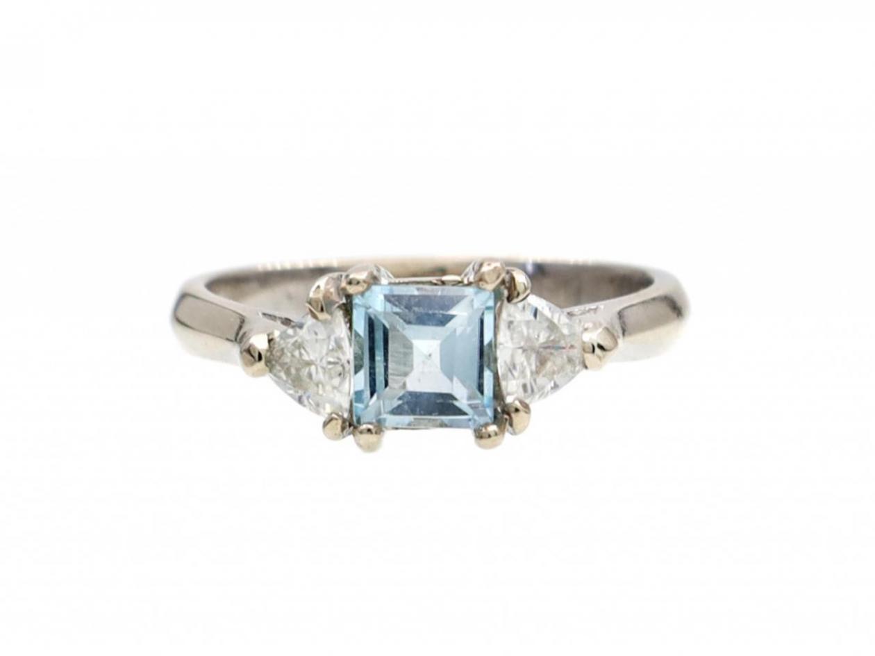 Aquamarine and trillion diamond three stone ring in white gold