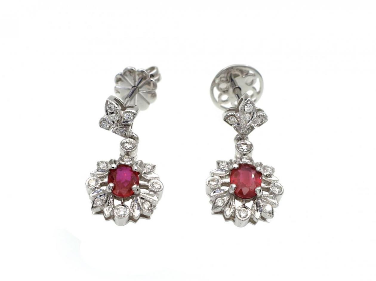 18kt white gold ruby and diamond floral drop earrings