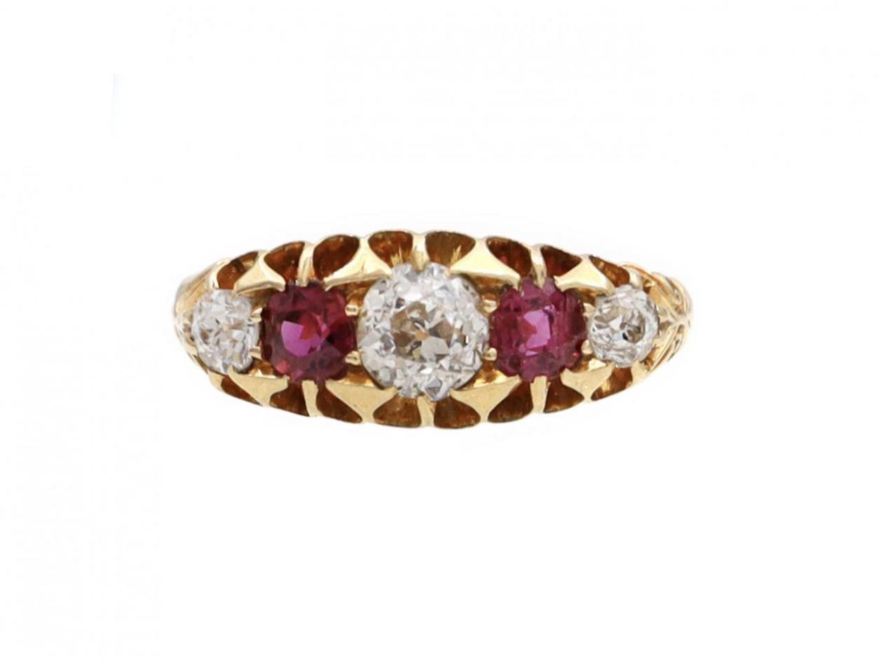 Victorian diamond and ruby five stone ring in 18kt gold