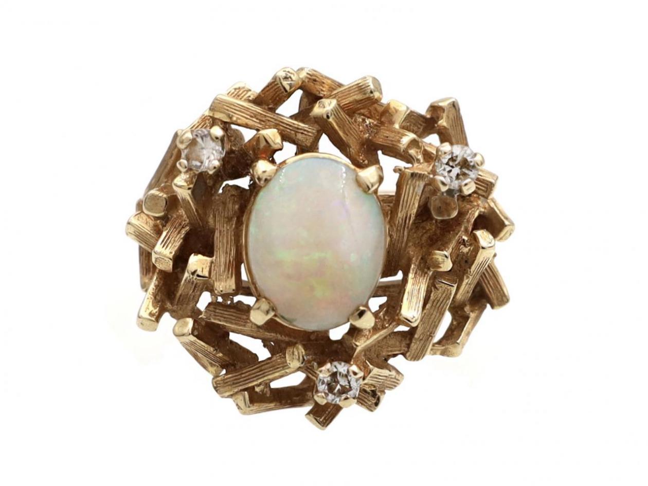 Retro opal and diamond Brutalist cluster ring in 14kt yellow gold