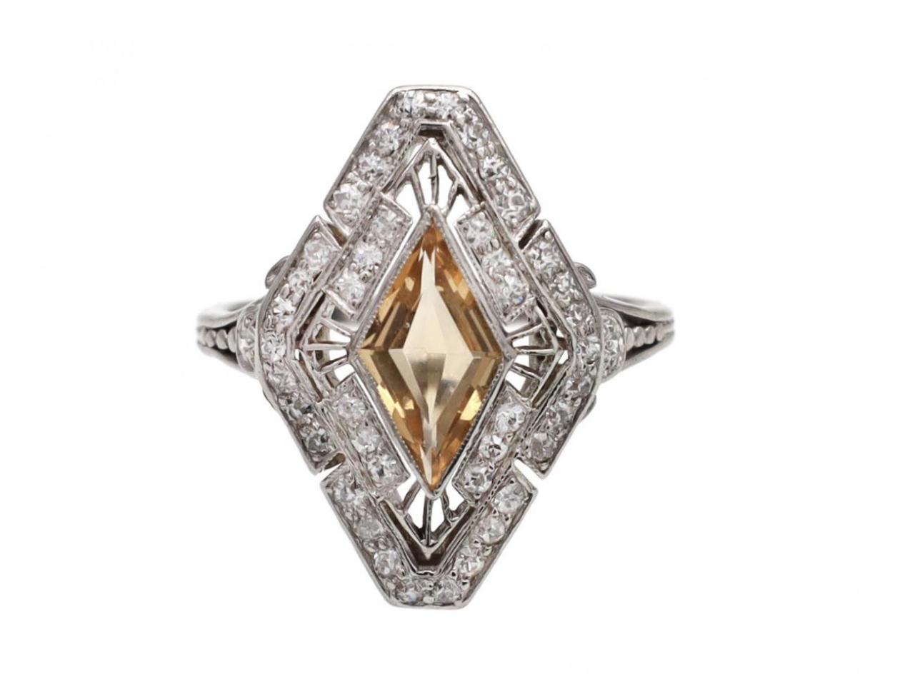 Art Deco Platinum Lozenge Imperial Topaz & Diamond Cluster Ring