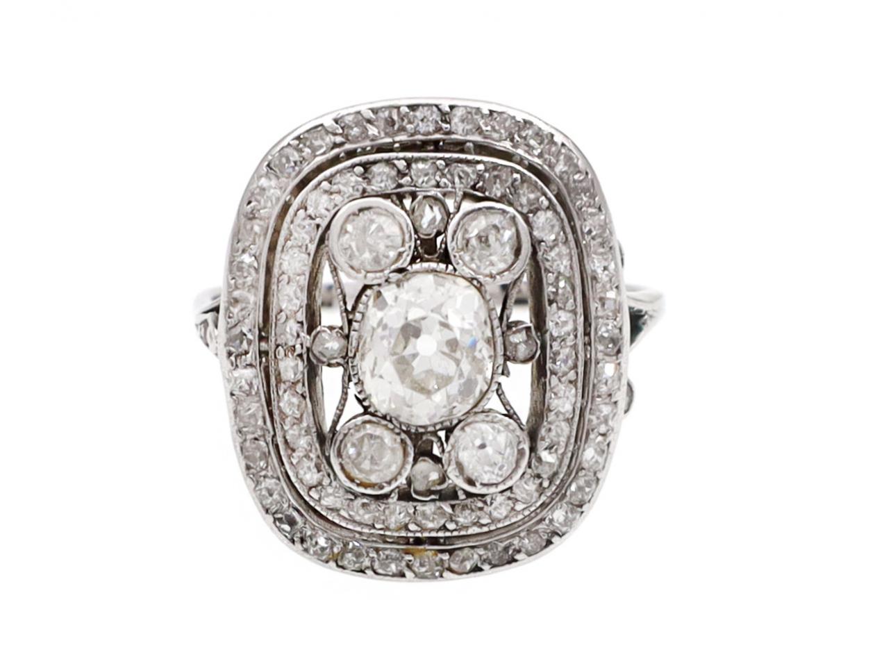 Late Edwardian rectangular open cushion shape cluster ring