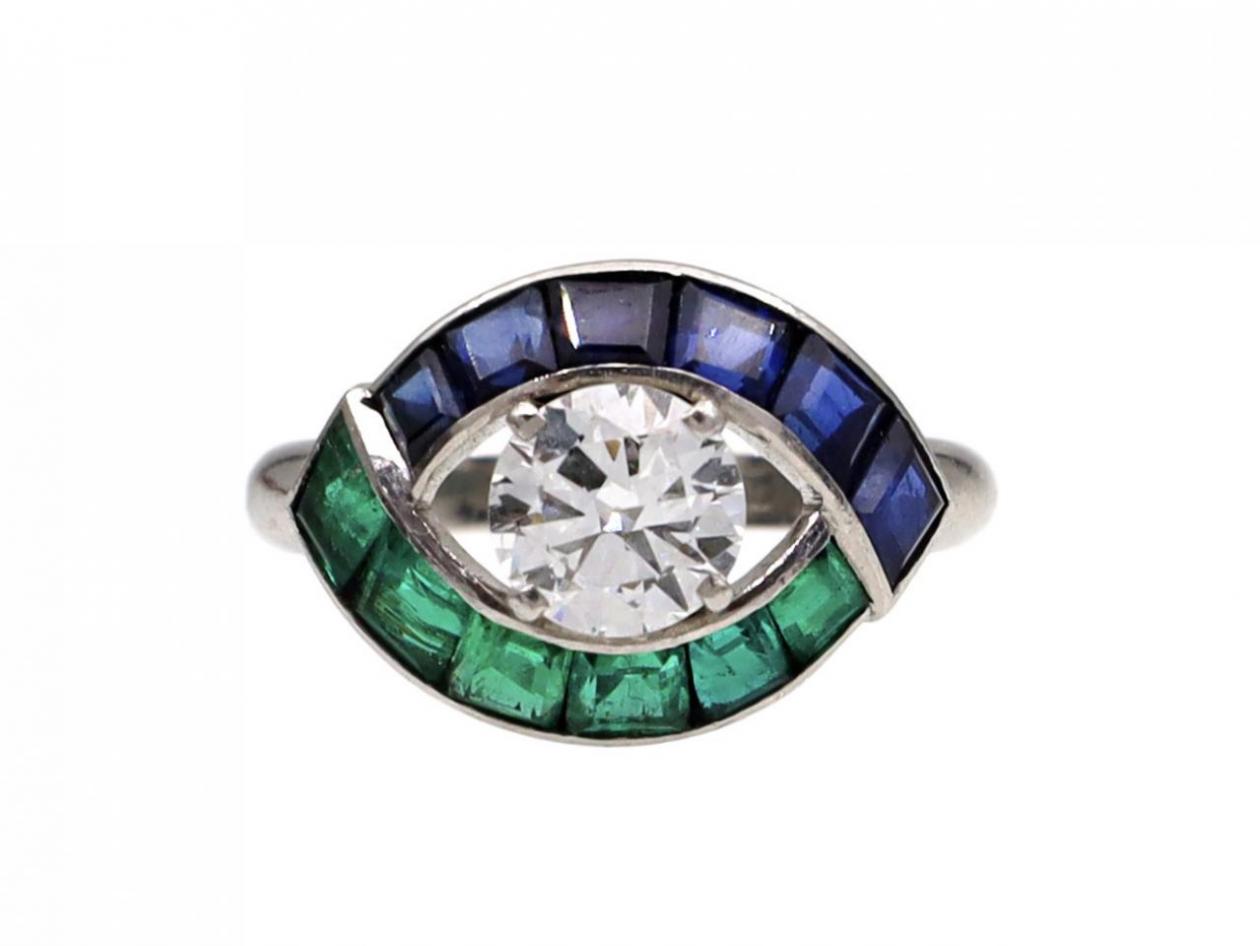 Art Deco style diamond, sapphire and emerald navette cluster ring