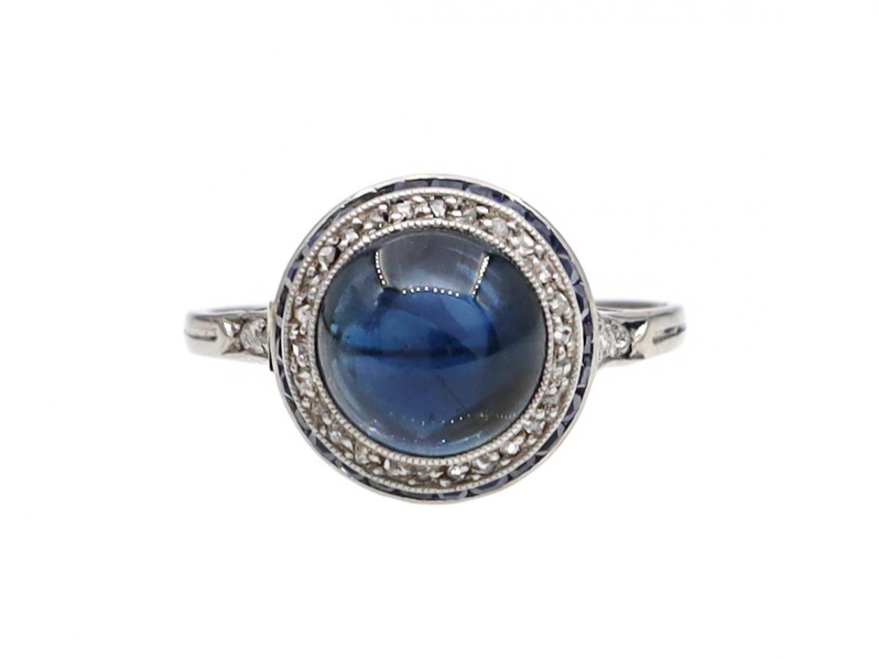 Art Deco cabochon sapphire and diamond target ring in platinum