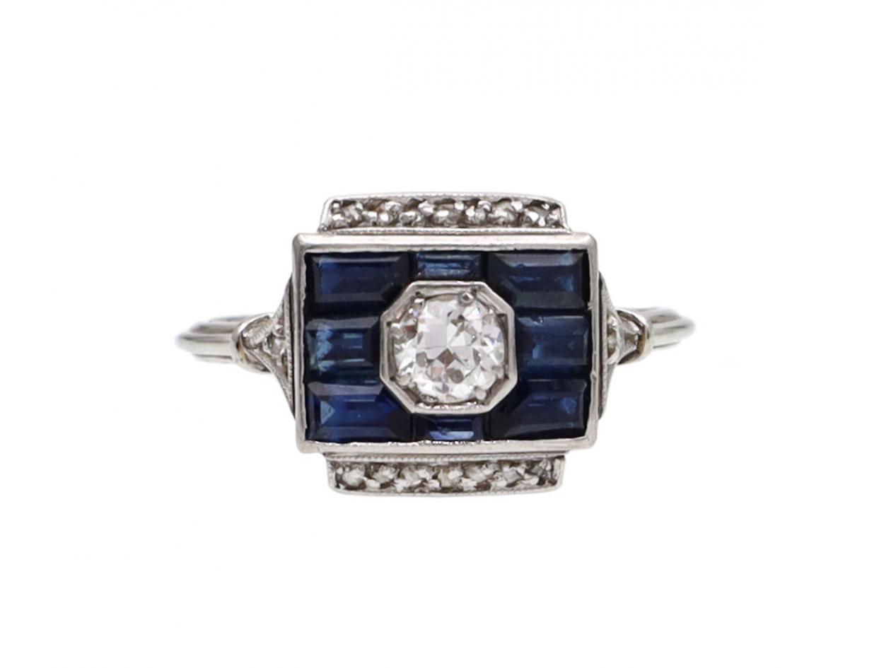 Art Deco diamond and sapphire square target ring in platinum