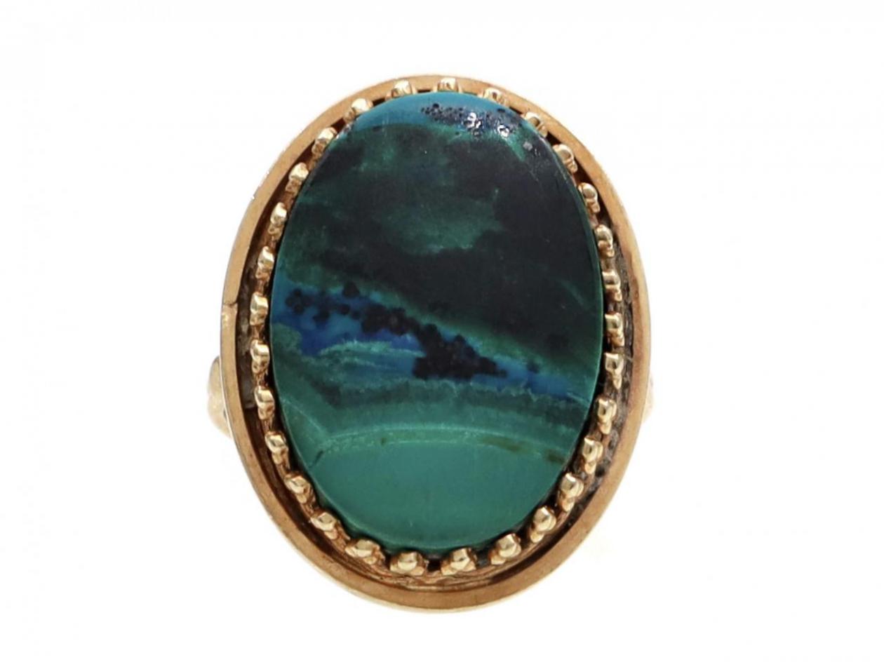 Vintage oval azurmalachite dress ring in 14kt yellow gold