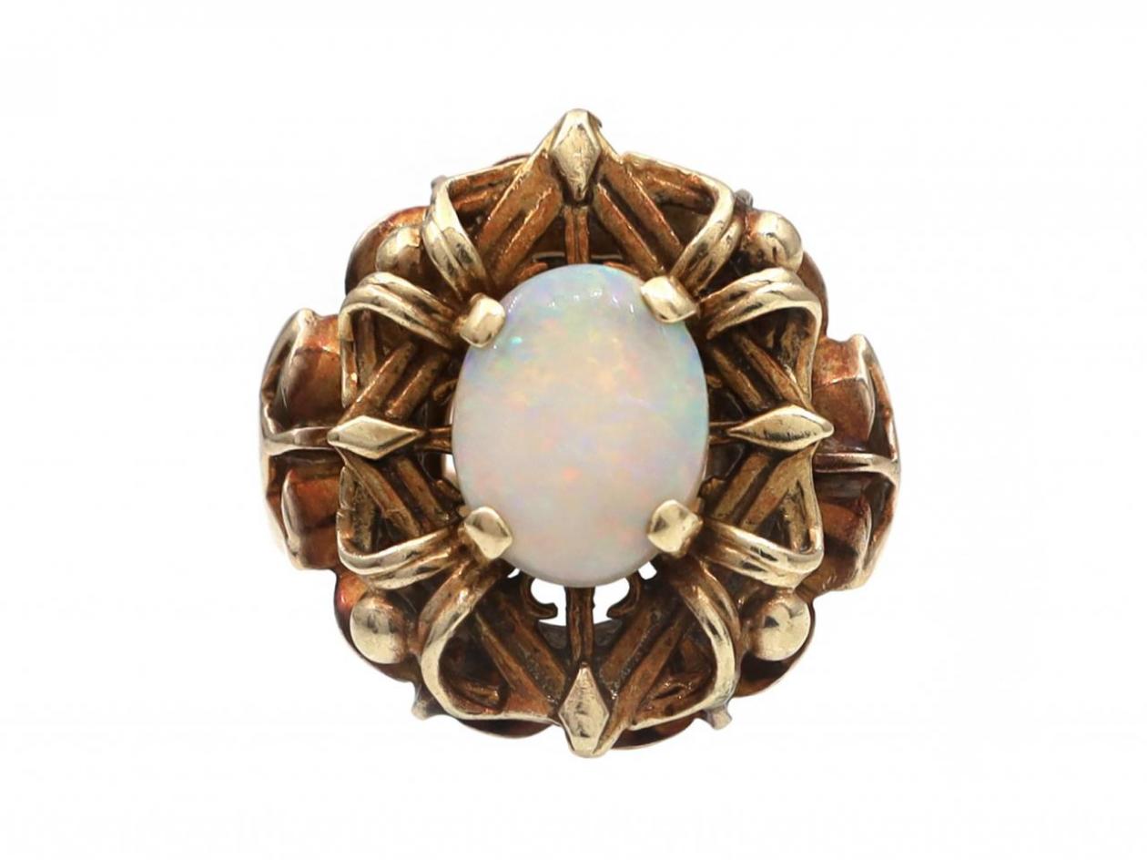 Retro woven gold and precious opal dress ring in 14kt yellow gold
