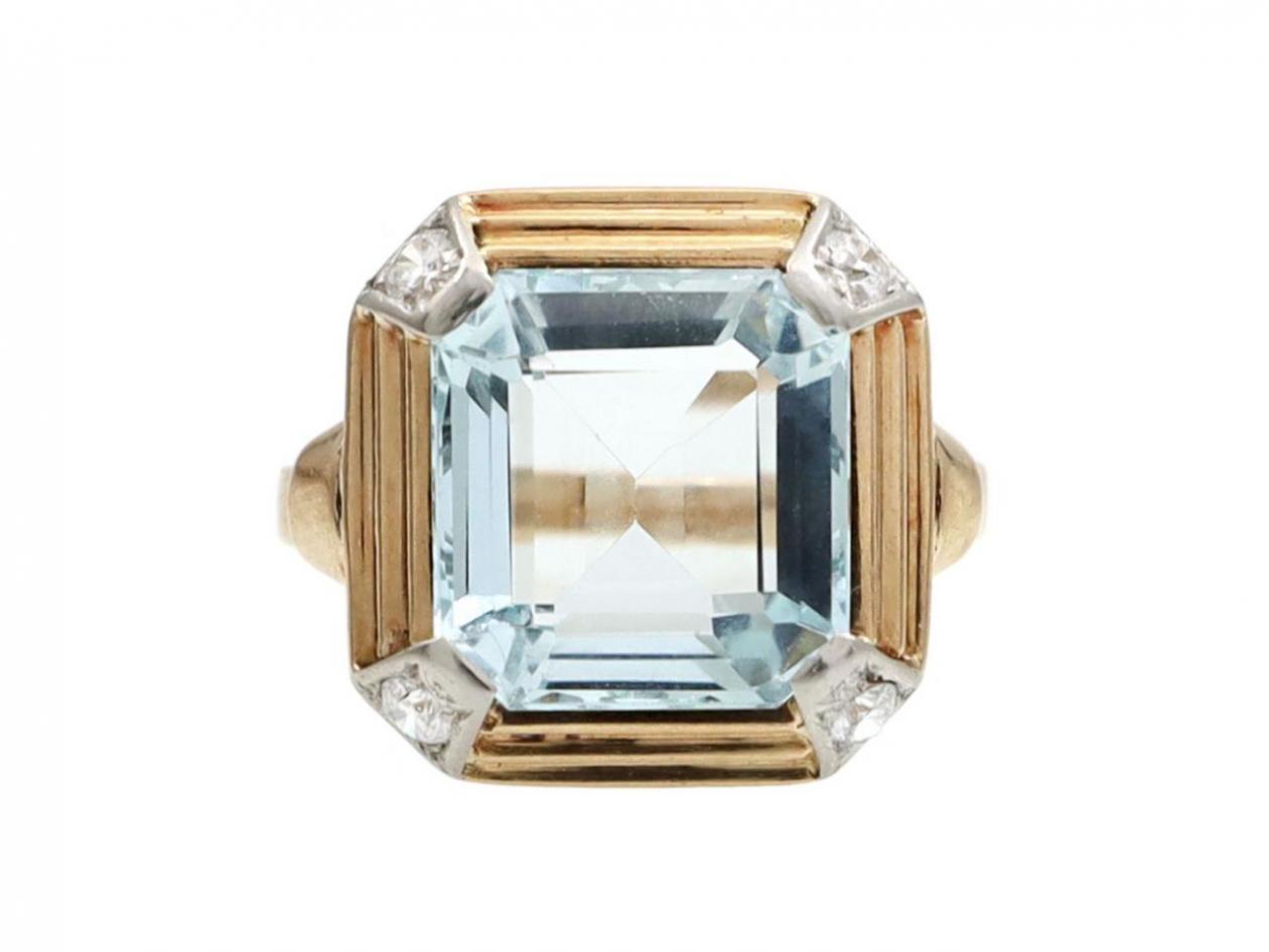 1960s Aquamarine & Diamond Cocktail Ring in 18kt Yellow Gold