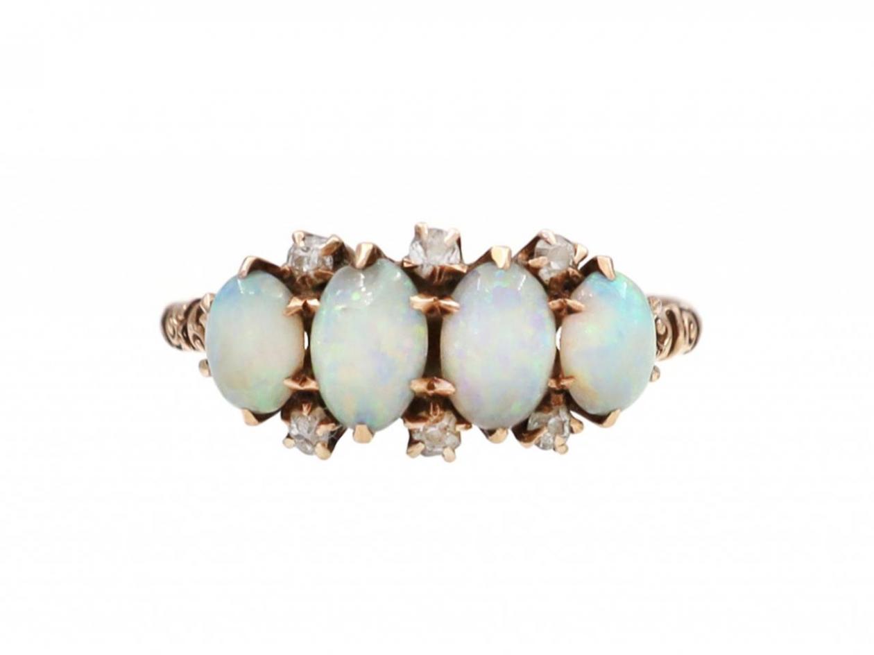 Antique Opal & Diamond Four Stone Ring in Yellow Gold