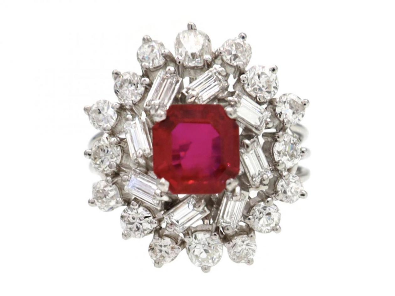 1950s ruby and diamond vertical cluster ring in 18kt white gold